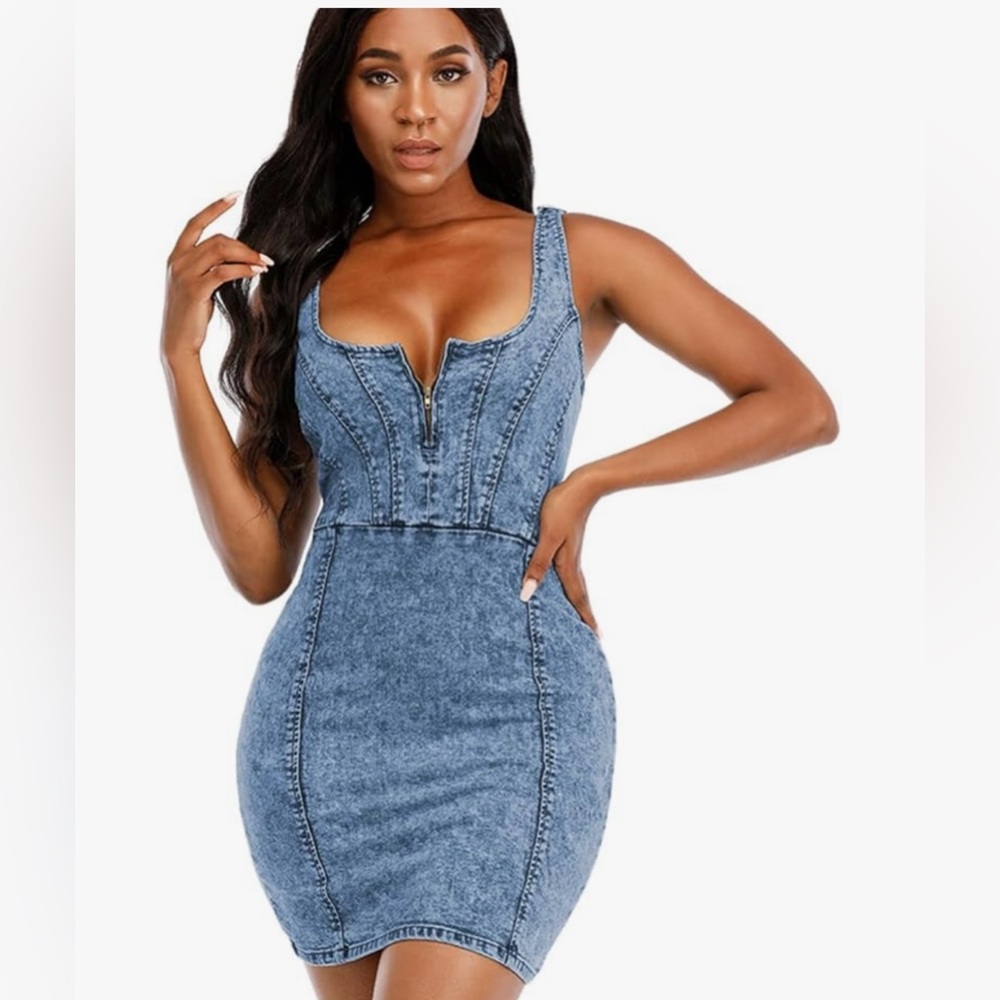 DYMADE Dress:

Women's Denim Dress Sexy V Neck Bodycon Sleeveless - Picture 2 of 4
